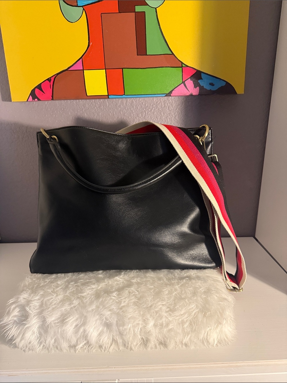 Charleston Bag, Black Leather Shoulder Bag with Red-White Stripe Strap